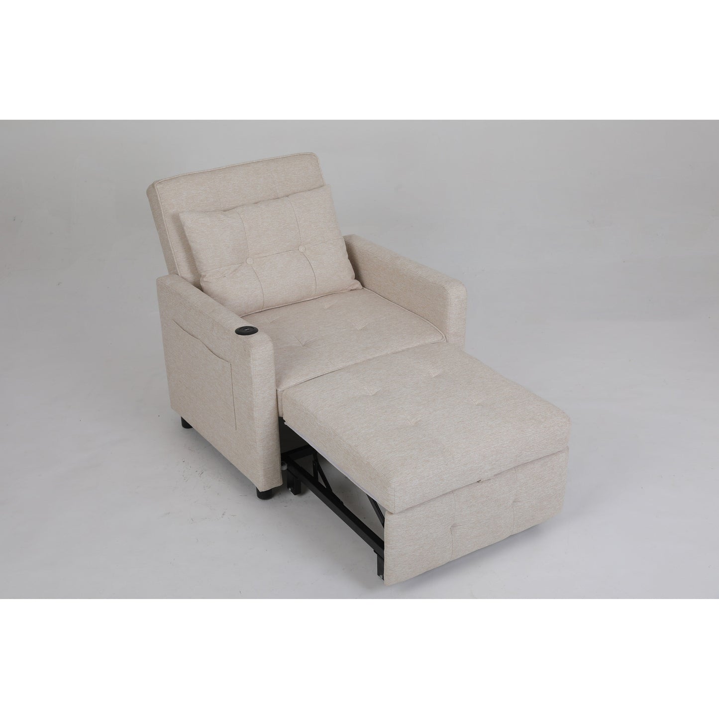 Fauteuil inclinable en lin, lit gigogne, fauteuil de salon pliant convertible avec port USB, porte-gobelet et poches latérales