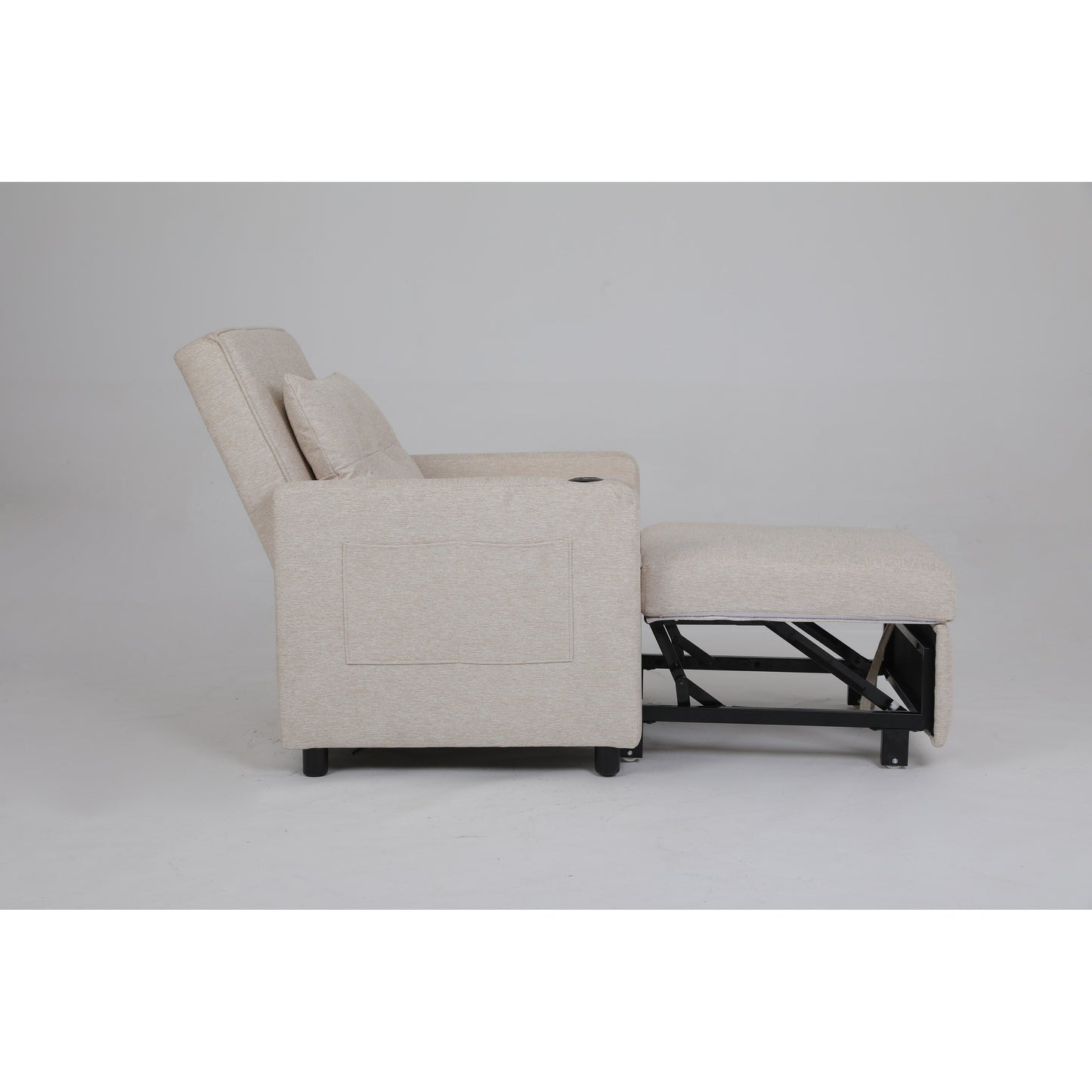 Fauteuil inclinable en lin, lit gigogne, fauteuil de salon pliant convertible avec port USB, porte-gobelet et poches latérales