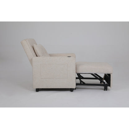 Fauteuil inclinable en lin, lit gigogne, fauteuil de salon pliant convertible avec port USB, porte-gobelet et poches latérales