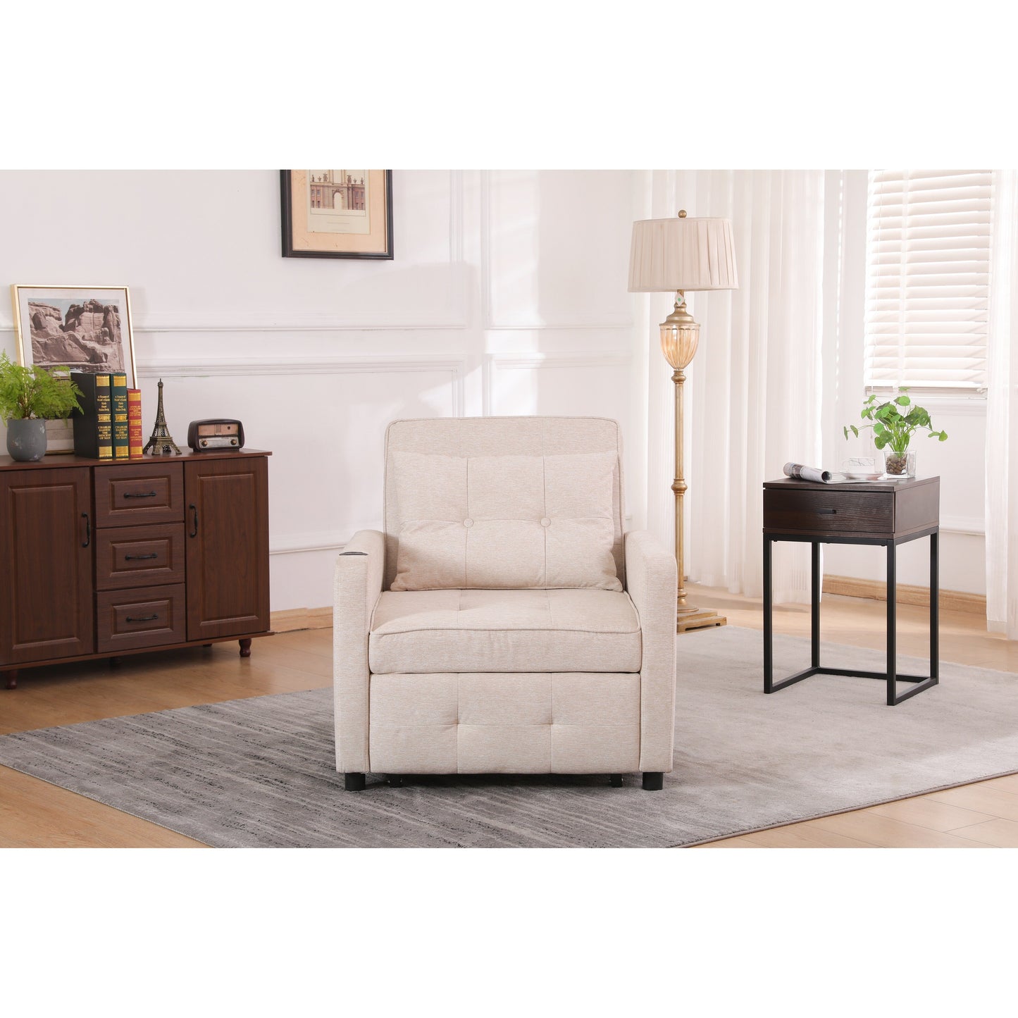 Fauteuil inclinable en lin, lit gigogne, fauteuil de salon pliant convertible avec port USB, porte-gobelet et poches latérales