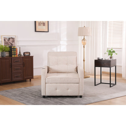 Fauteuil inclinable en lin, lit gigogne, fauteuil de salon pliant convertible avec port USB, porte-gobelet et poches latérales