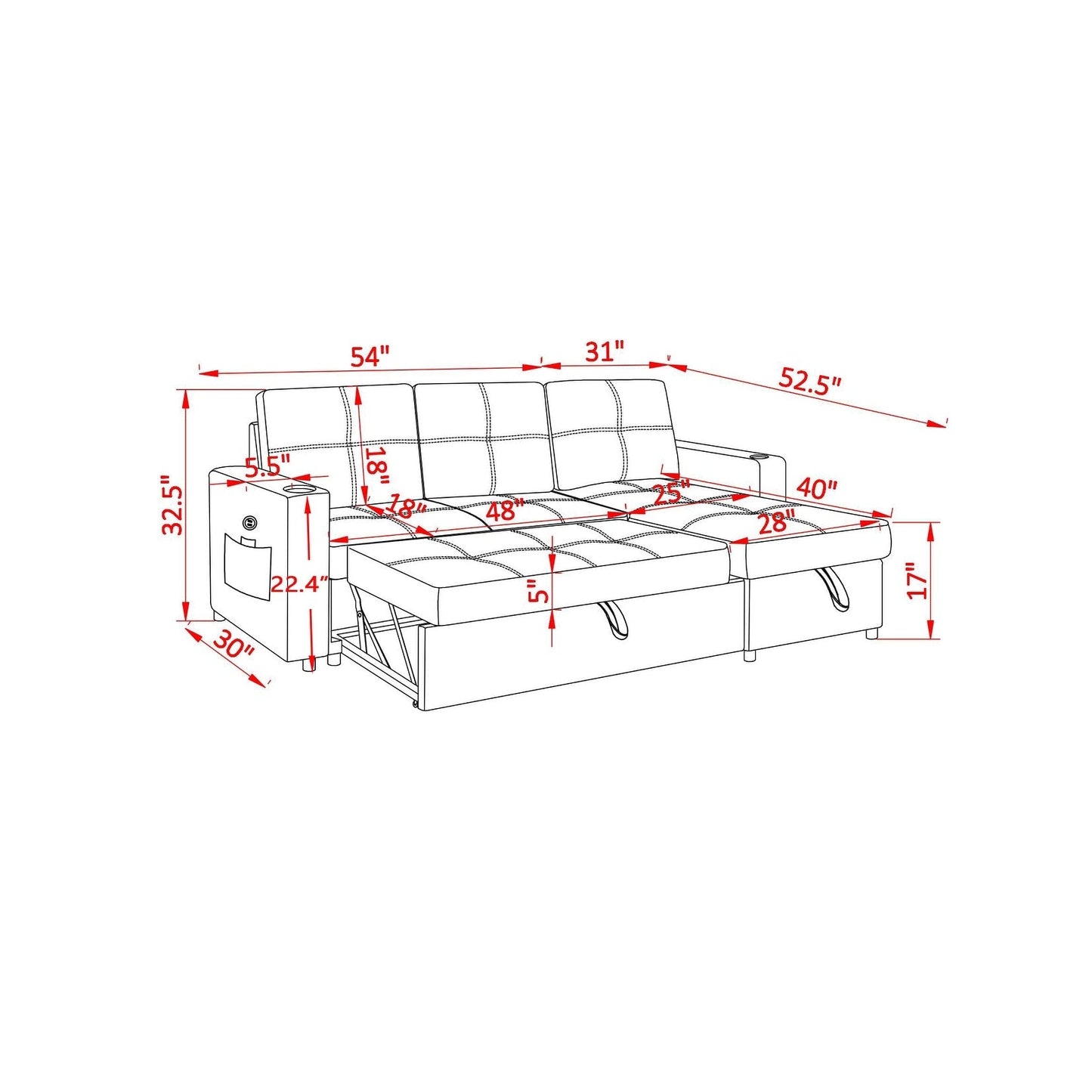 Canapé sectionnel en lin, chaise longue réversible avec lit gigogne
