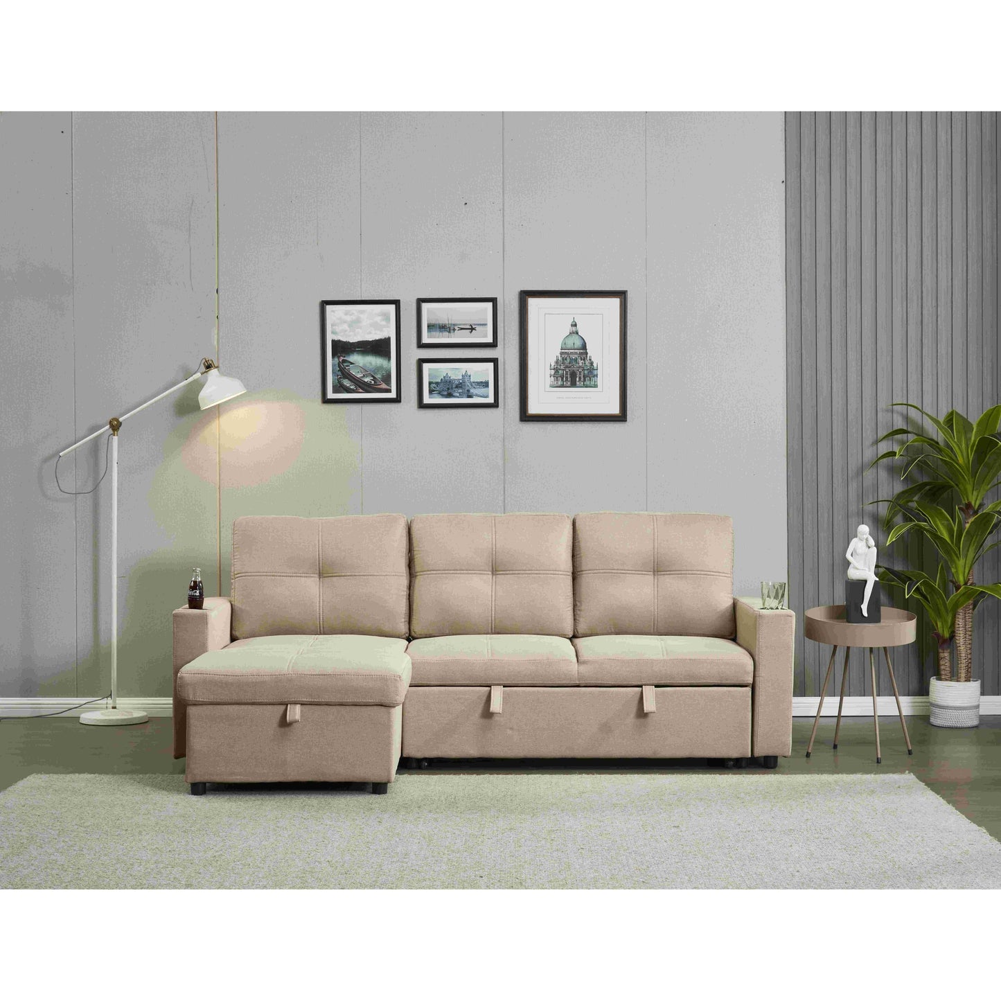 Canapé sectionnel en lin, chaise longue réversible avec lit gigogne