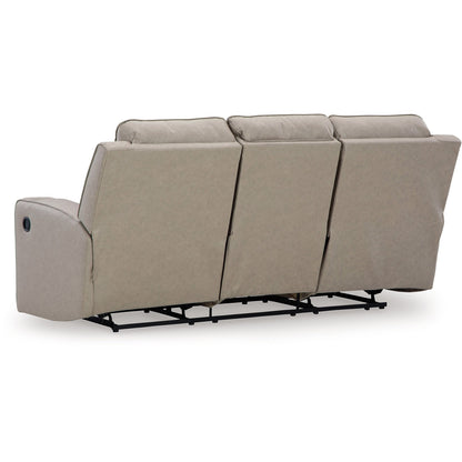 Canapé inclinable manuel Livie, USB, table, 221 cm, similicuir beige gris