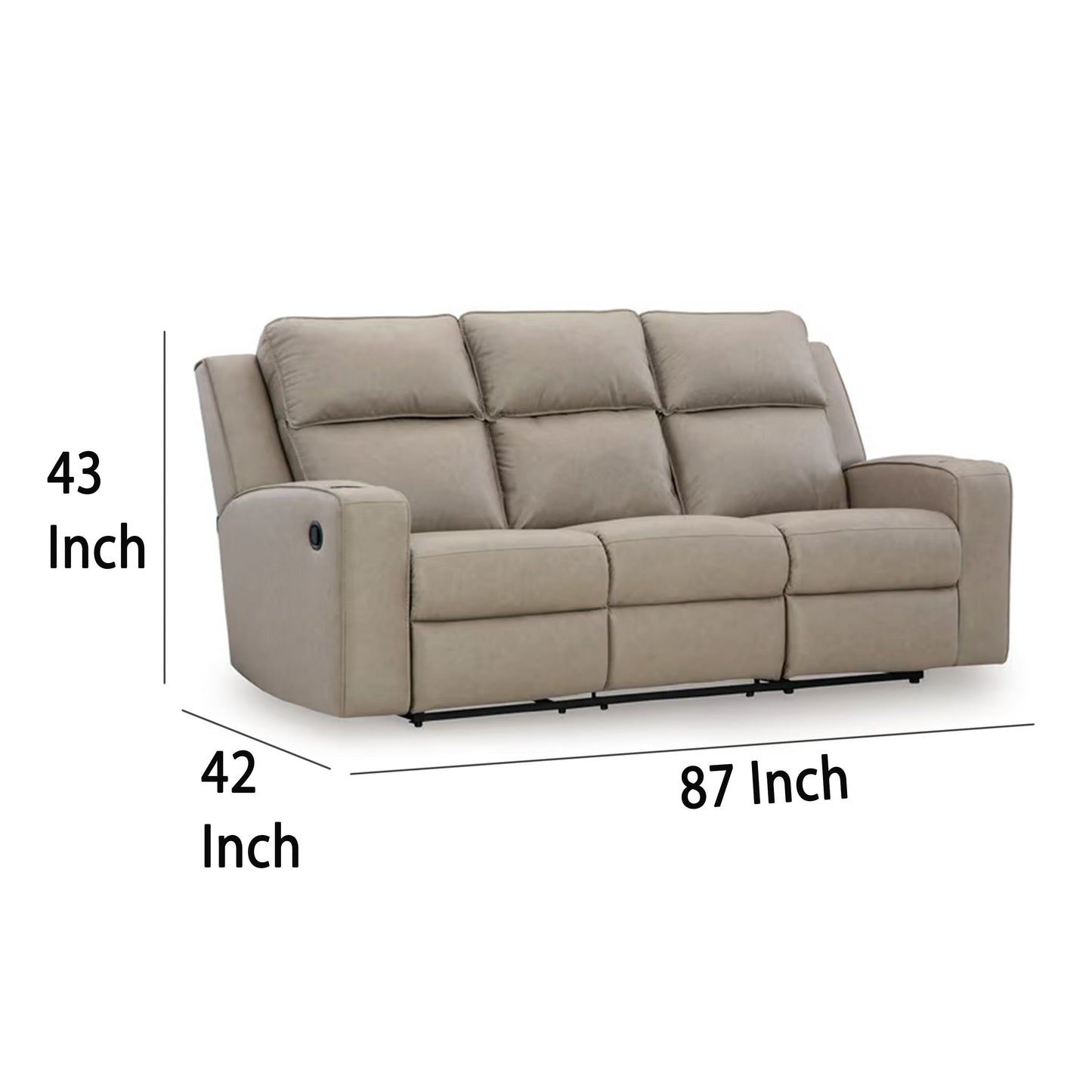 Canapé inclinable manuel Livie, USB, table, 221 cm, similicuir beige gris