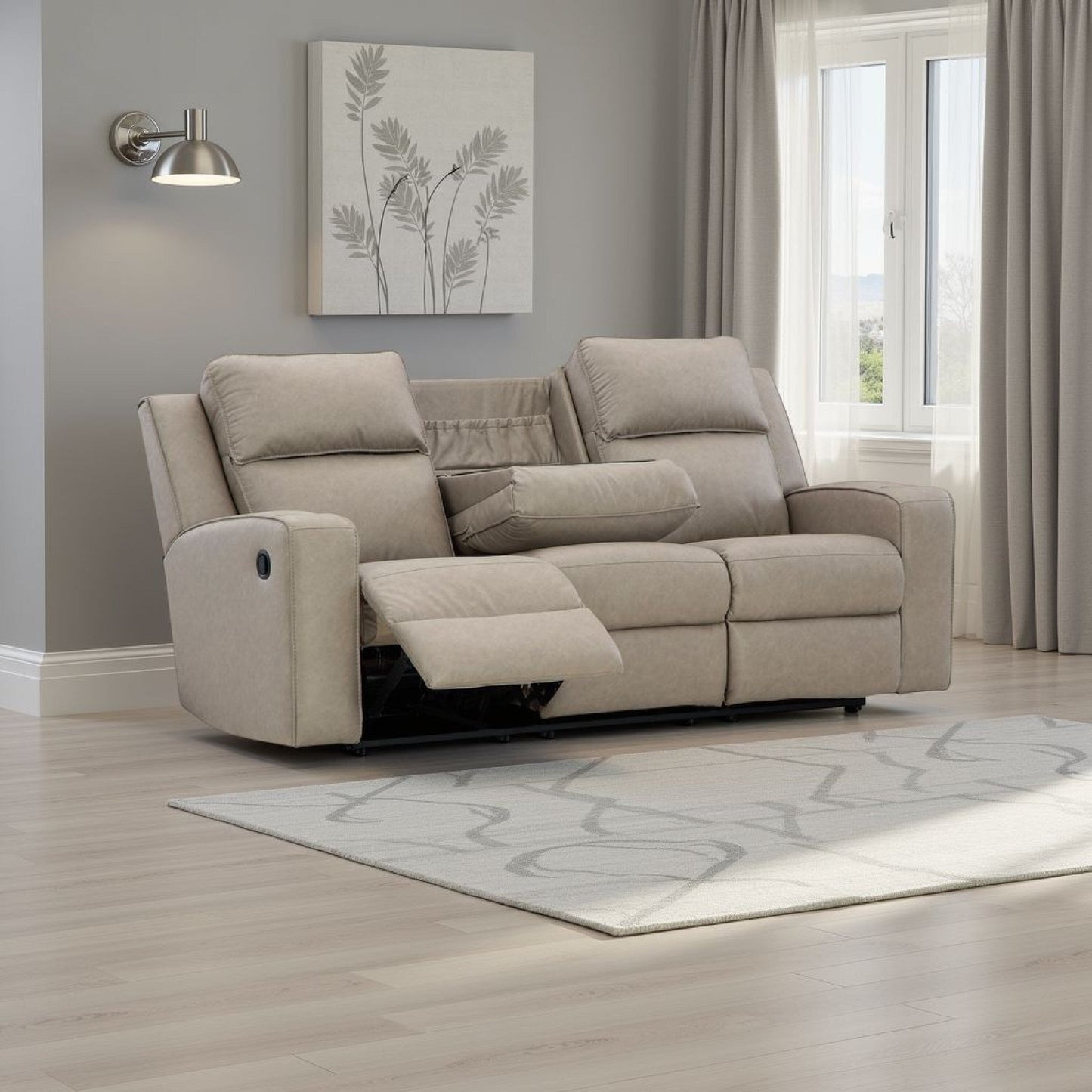 Canapé inclinable manuel Livie, USB, table, 221 cm, similicuir beige gris