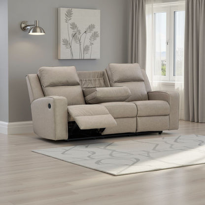 Canapé inclinable manuel Livie, USB, table, 221 cm, similicuir beige gris