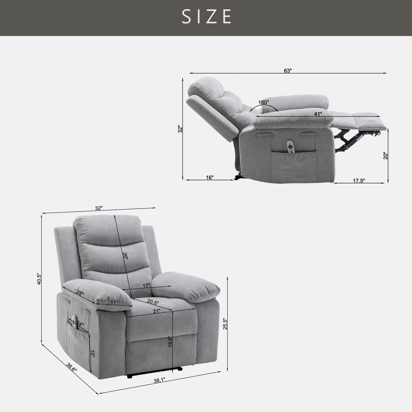 Canapé inclinable simple pour salon, fauteuil inclinable en velours à relevage électrique avec massage et chauffage réglables et poche latérale, position infinie