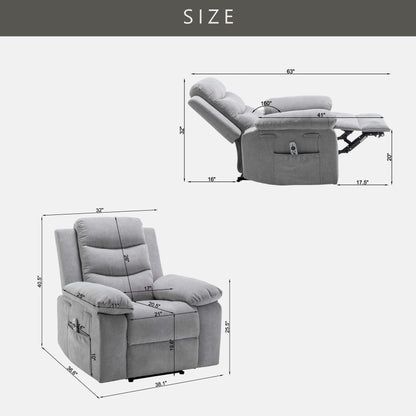 Canapé inclinable simple pour salon, fauteuil inclinable en velours à relevage électrique avec massage et chauffage réglables et poche latérale, position infinie