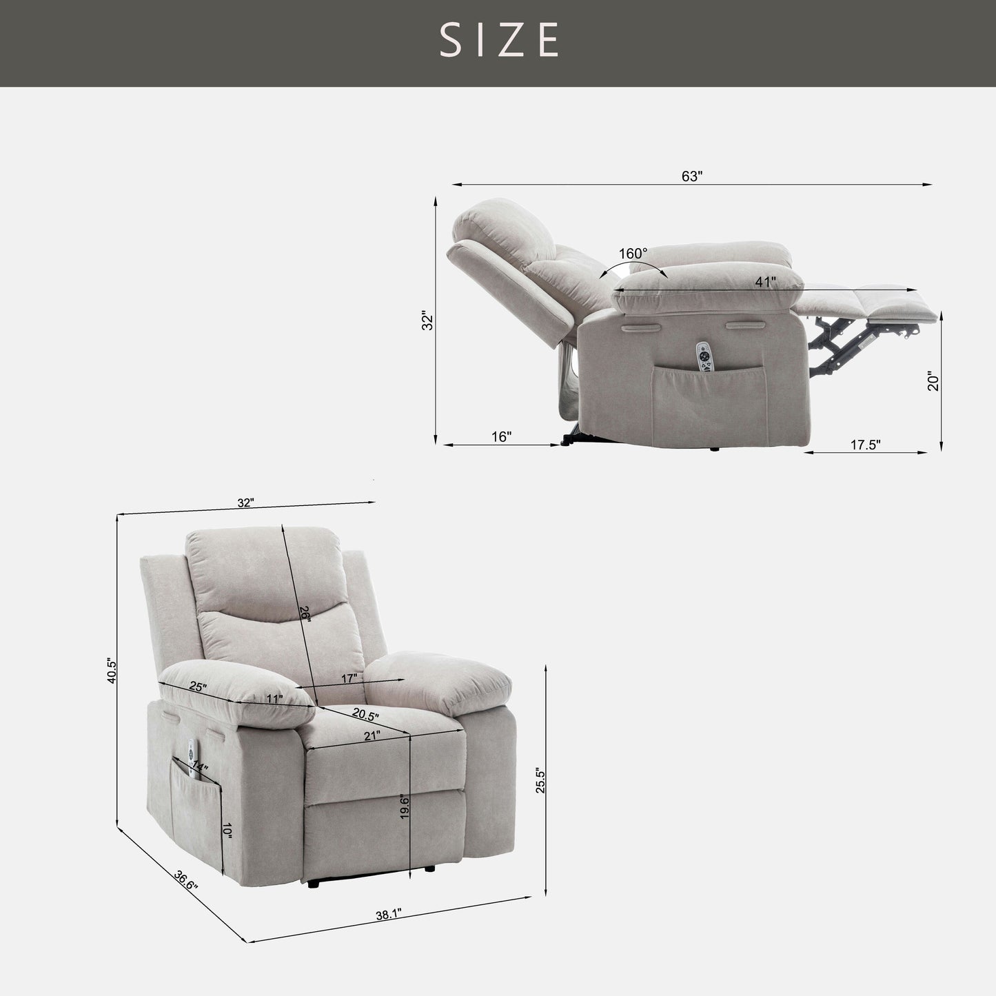 Canapé inclinable simple pour salon, fauteuil inclinable en velours à relevage électrique avec massage et chauffage réglables et poche latérale, position infinie