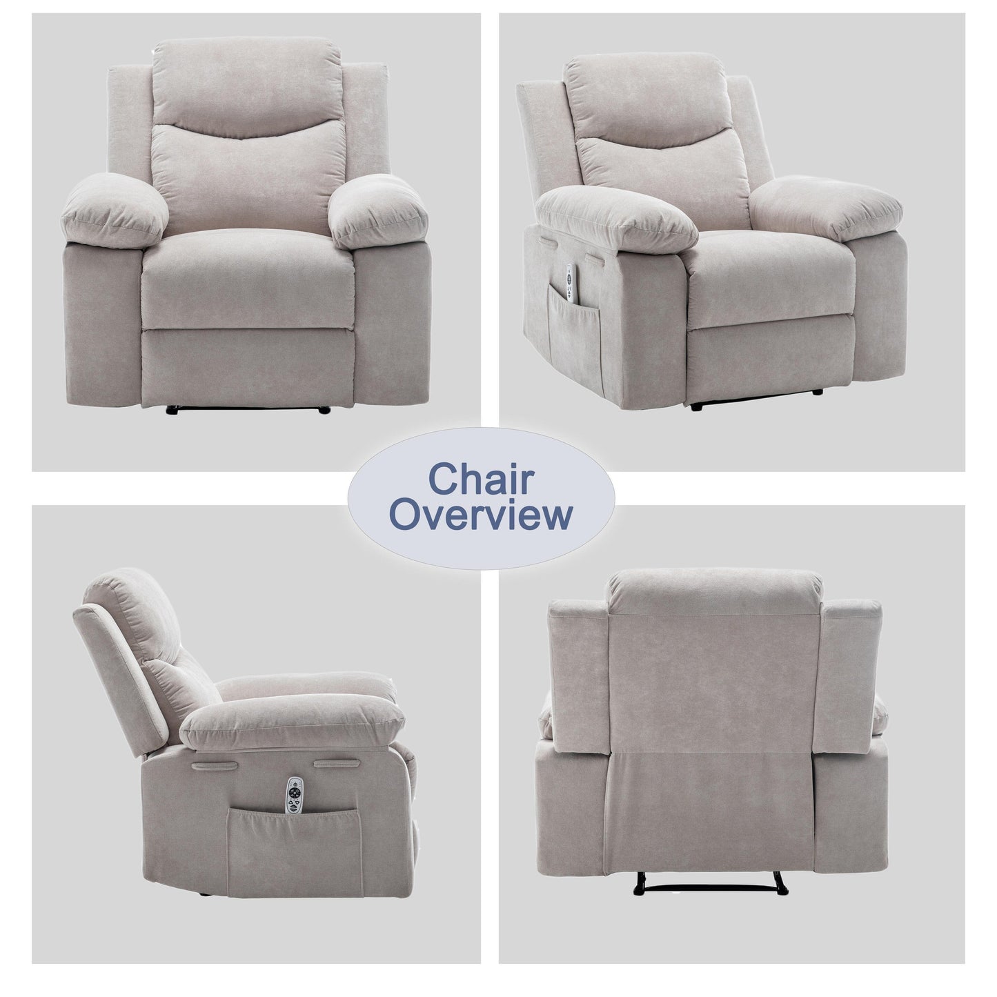 Canapé inclinable simple pour salon, fauteuil inclinable en velours à relevage électrique avec massage et chauffage réglables et poche latérale, position infinie