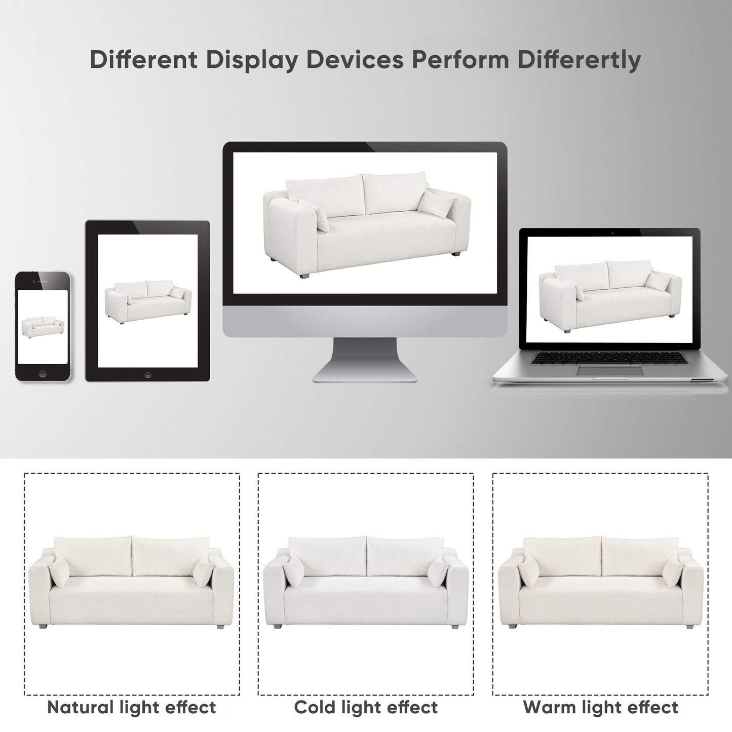 Canapé en tissu bouclé, structure d'assise monobloc, canapé minimaliste 2-3 places facile à installer, causeuses avec accoudoirs bombés extra larges