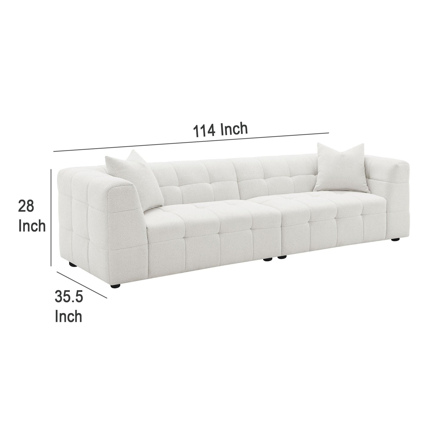 Canapé Lopo de 299 cm de long, tissu blanc cassé capitonné avec grille et 2 coussins décoratifs