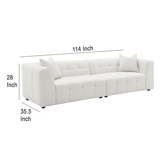 Canapé Lopo de 299 cm de long, tissu blanc cassé capitonné avec grille et 2 coussins décoratifs