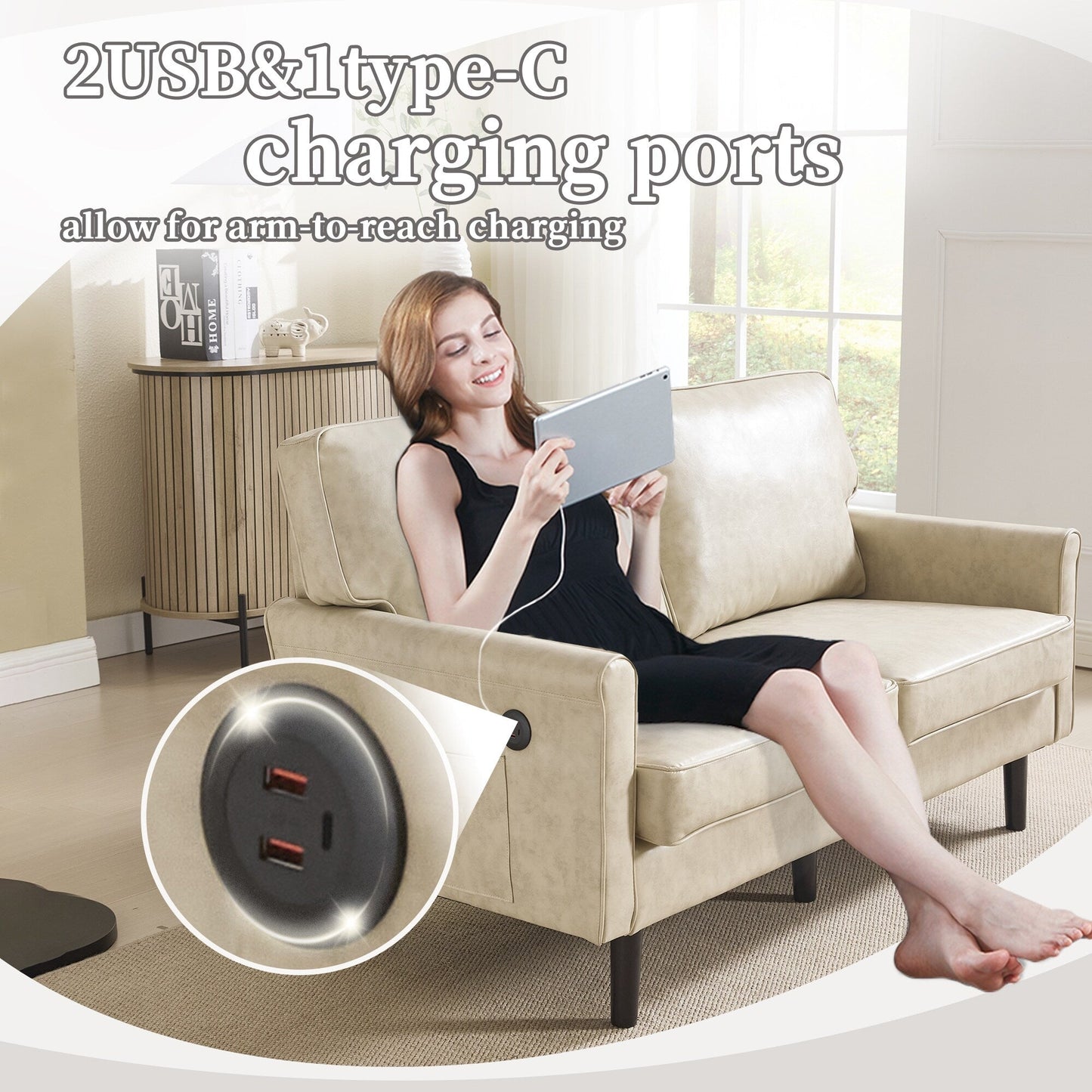 Canapé deux places, canapé pour salon, petit canapé avec port USB et housse de coussin amovible