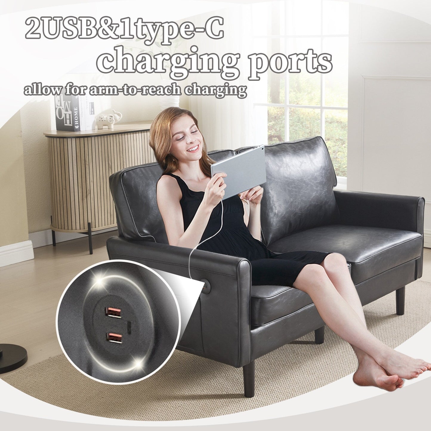 Canapé deux places, canapé pour salon, petit canapé avec port USB et housse de coussin amovible