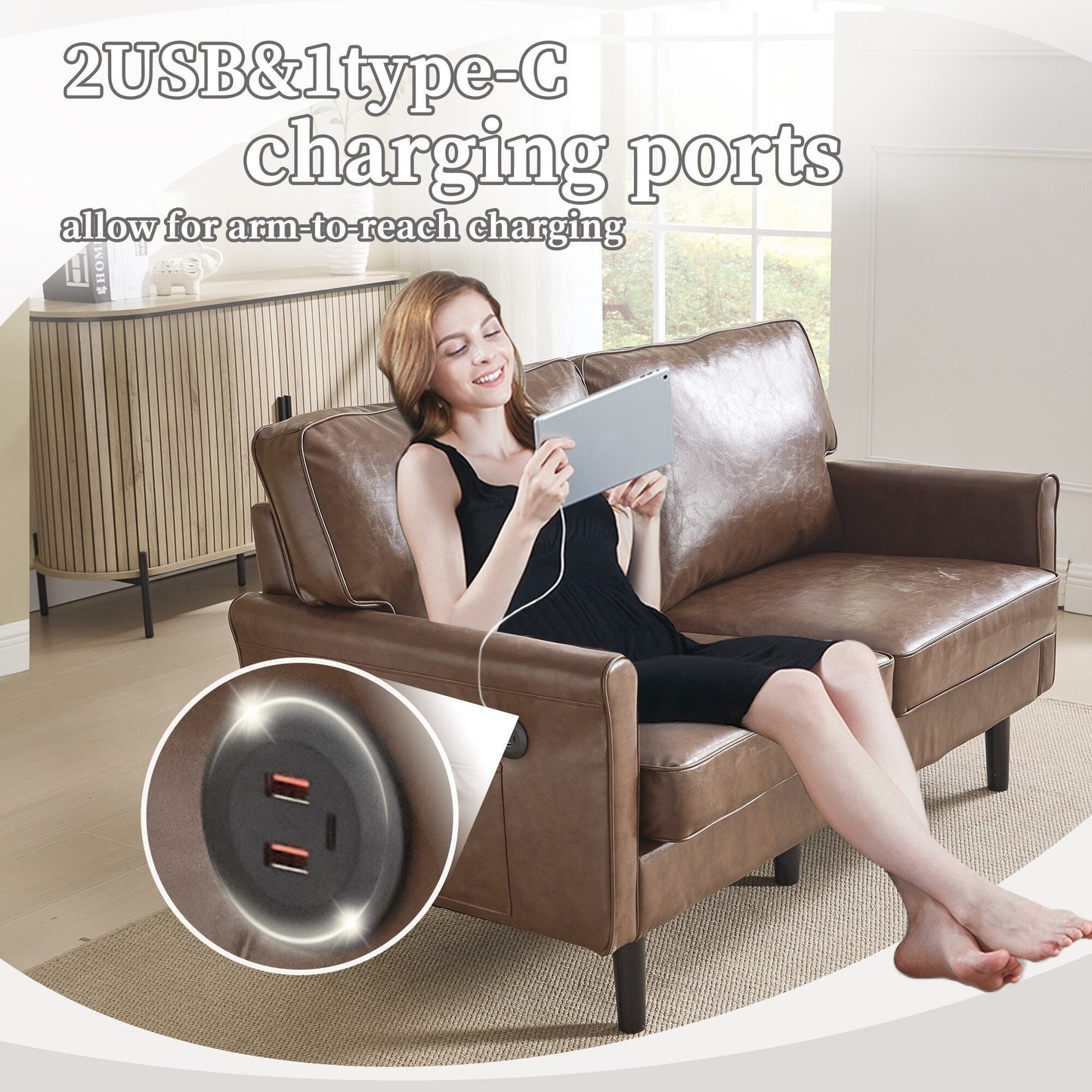 Canapé deux places, canapé pour salon, petit canapé avec port USB et housse de coussin amovible