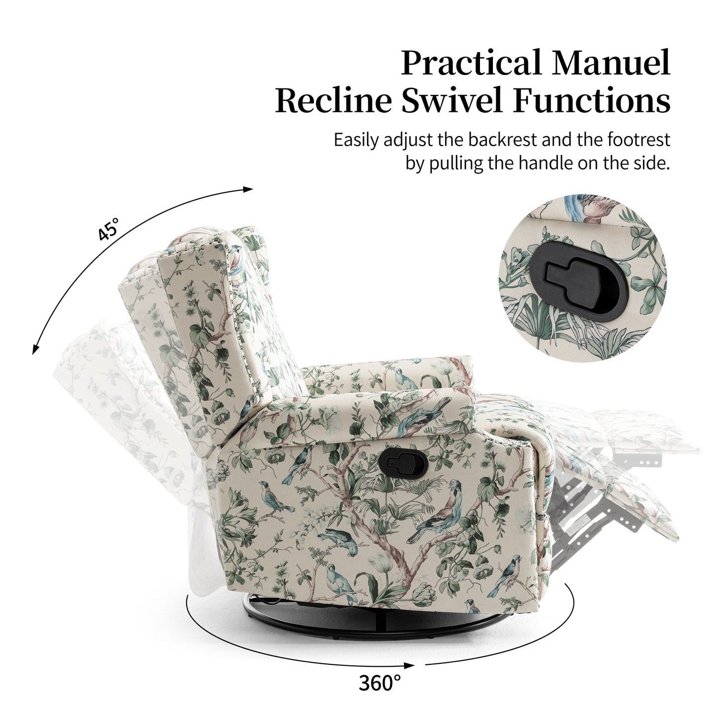 Fauteuil inclinable pivotant à motif floral de 29 po de largeur