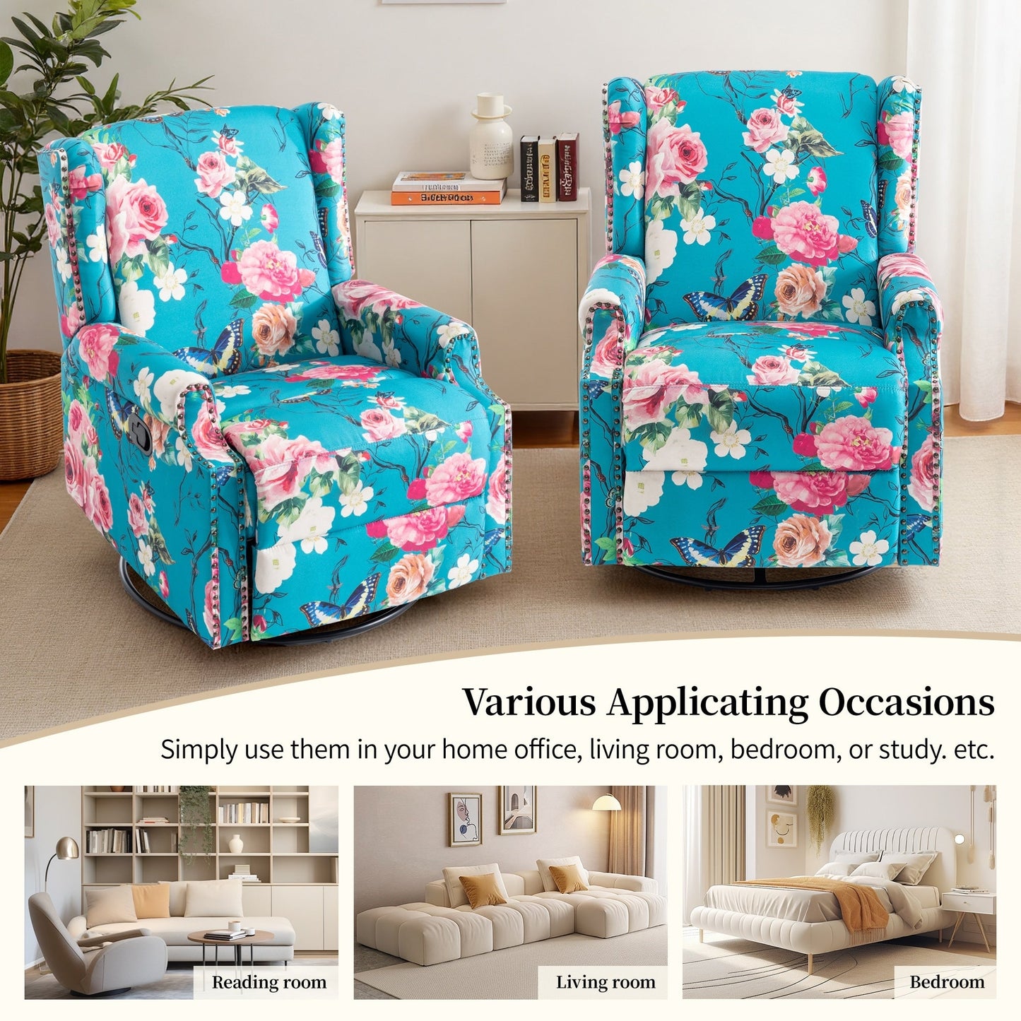 Fauteuil inclinable pivotant à motif floral de 29 po de largeur