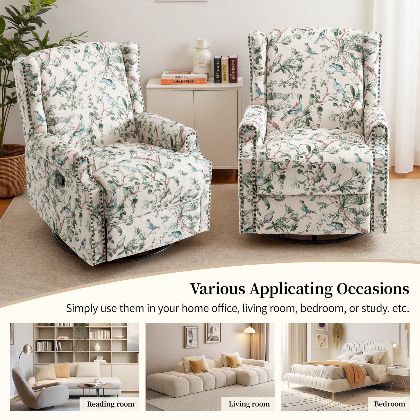 Fauteuil inclinable pivotant à motif floral de 29 po de largeur