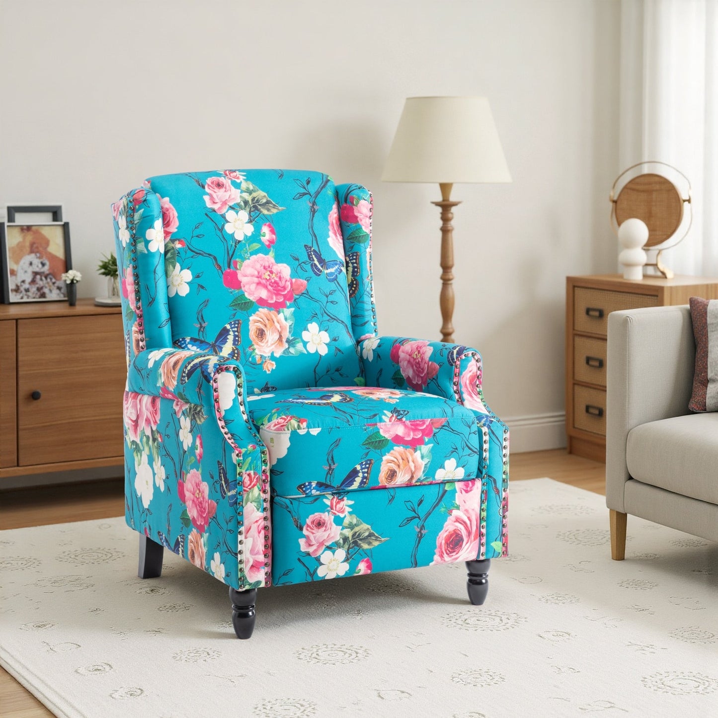 Fauteuil inclinable manuel à dossier relevable en lin vintage à motif floral de 29 po de largeur