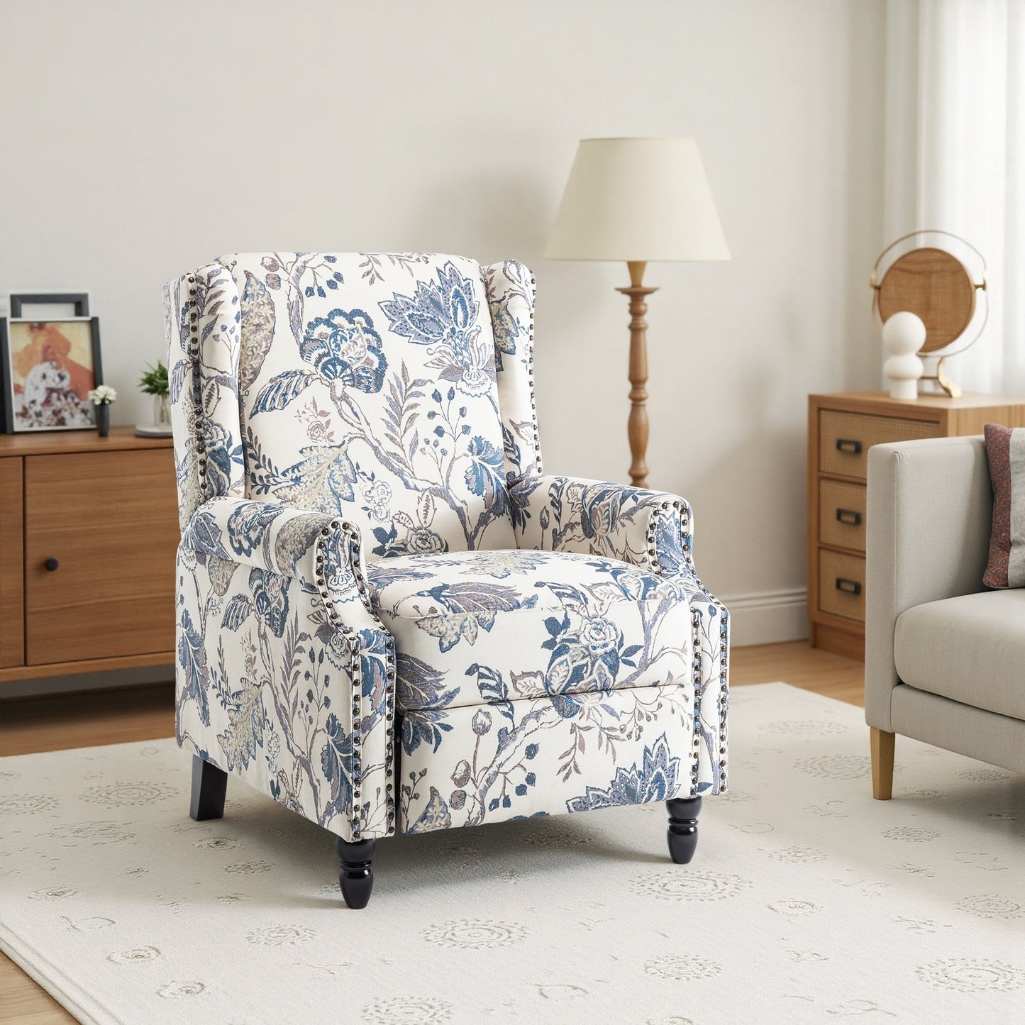 Fauteuil inclinable manuel à dossier relevable en lin vintage à motif floral de 29 po de largeur