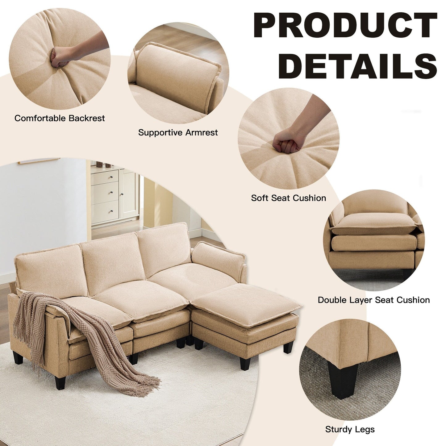 Canapé 3 places de luxe et repose-pieds « Confort ultra-moelleux et multi-pièces »