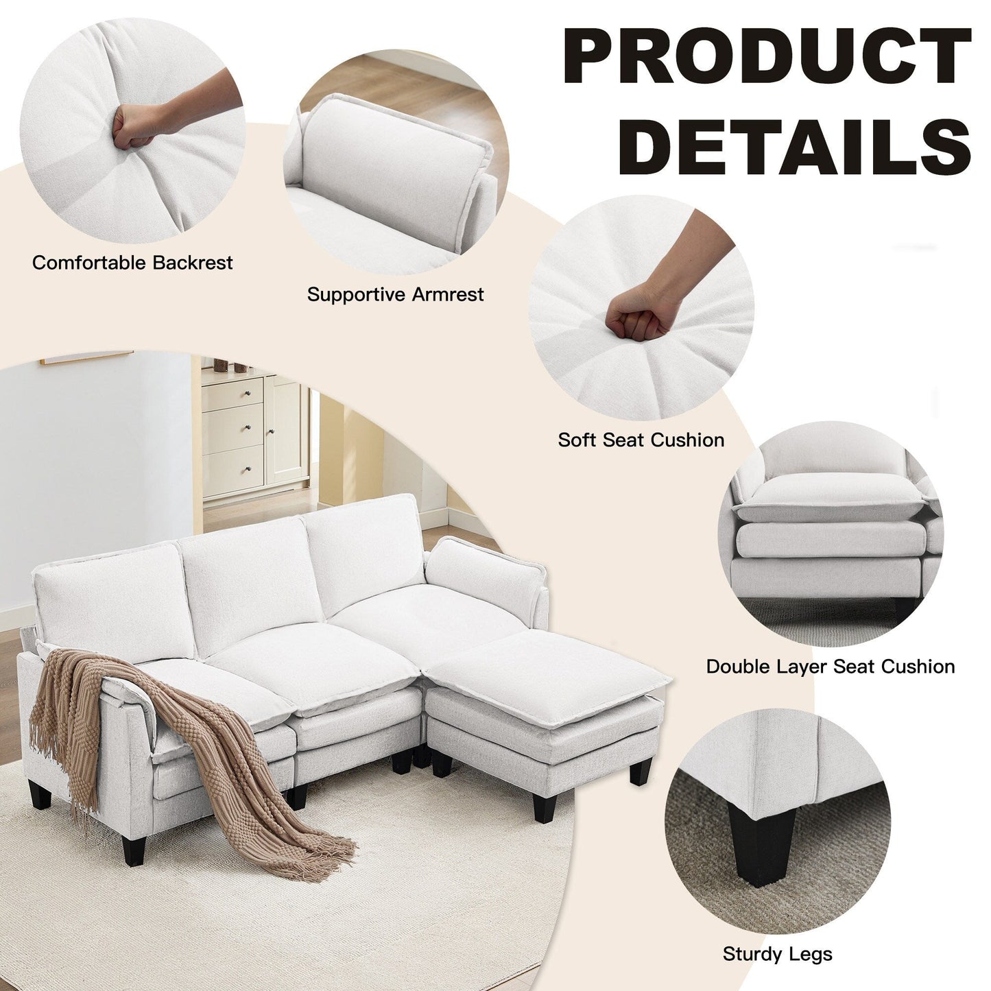 Canapé 3 places de luxe et repose-pieds « Confort ultra-moelleux et multi-pièces »