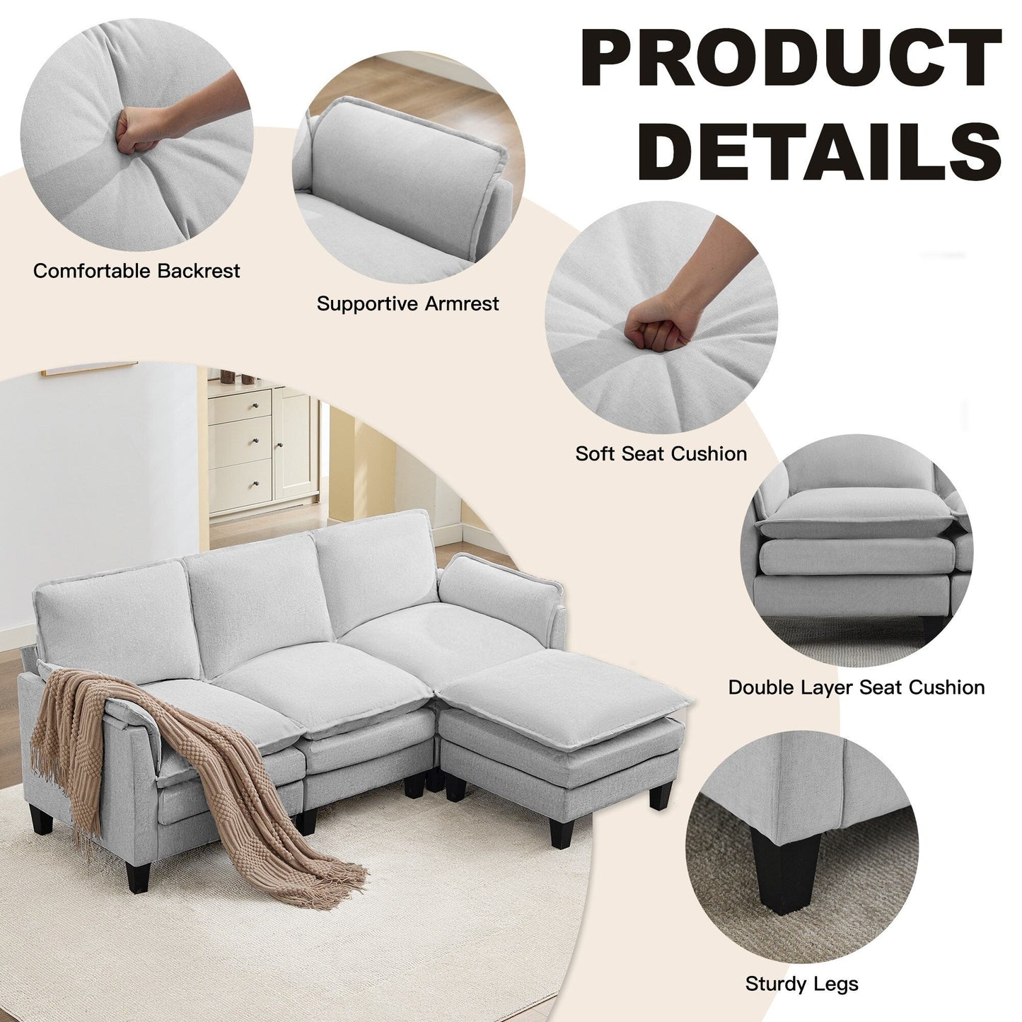 Canapé 3 places de luxe et repose-pieds « Confort ultra-moelleux et multi-pièces »