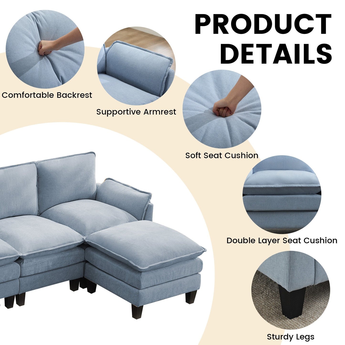 Canapé 4 places de luxe et repose-pieds « Confort ultra-moelleux et multi-pièces »