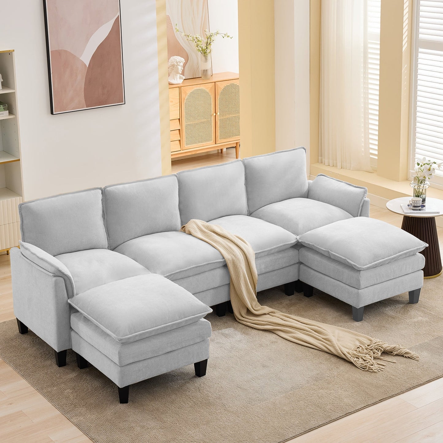 Canapé 4 places de luxe et repose-pieds « Confort ultra-moelleux et multi-pièces »