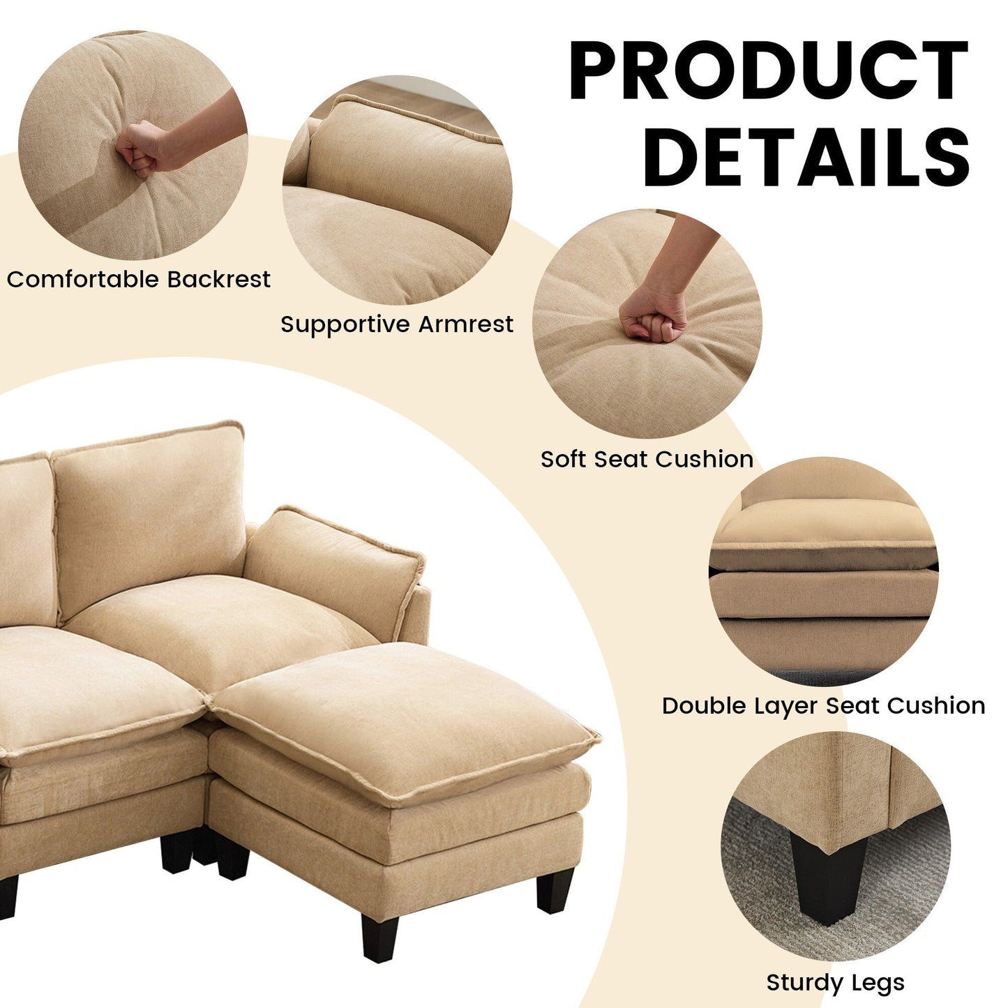 Canapé 4 places de luxe et repose-pieds « Confort ultra-moelleux et multi-pièces »