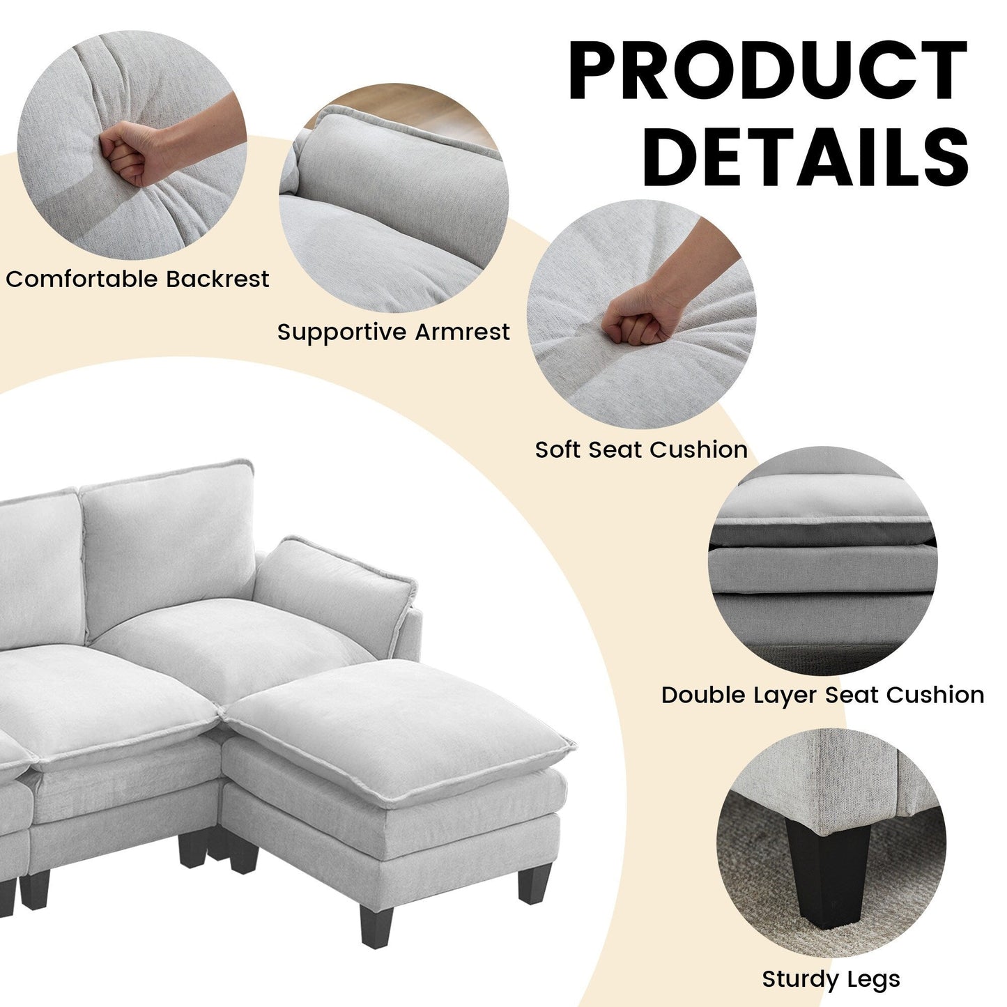 Canapé 4 places de luxe et repose-pieds « Confort ultra-moelleux et multi-pièces »