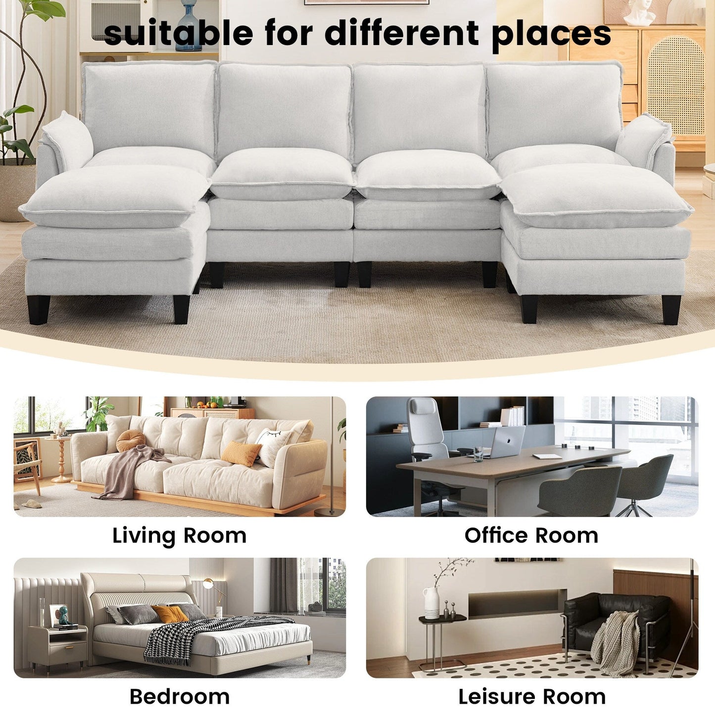 Canapé 4 places de luxe et repose-pieds « Confort ultra-moelleux et multi-pièces »