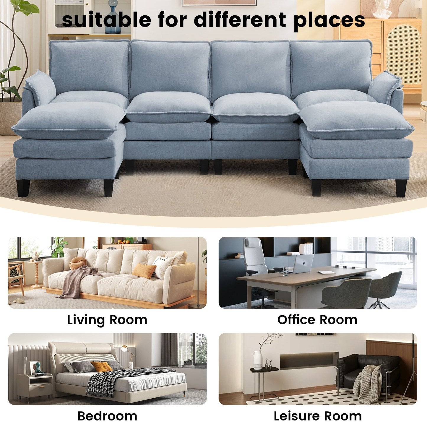 Canapé 4 places de luxe et repose-pieds « Confort ultra-moelleux et multi-pièces »