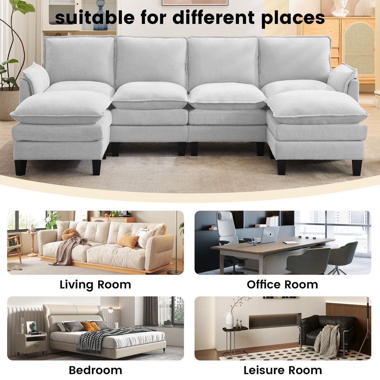 Canapé 4 places de luxe et repose-pieds « Confort ultra-moelleux et multi-pièces »