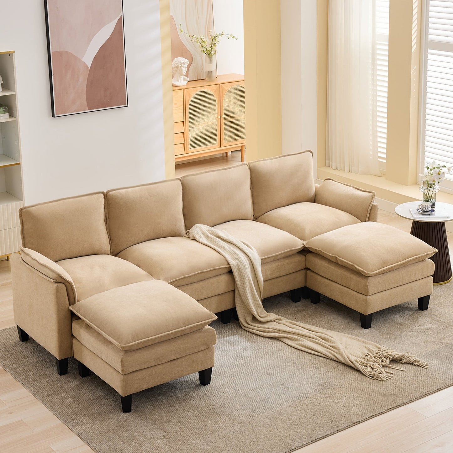 Canapé 4 places de luxe et repose-pieds « Confort ultra-moelleux et multi-pièces »