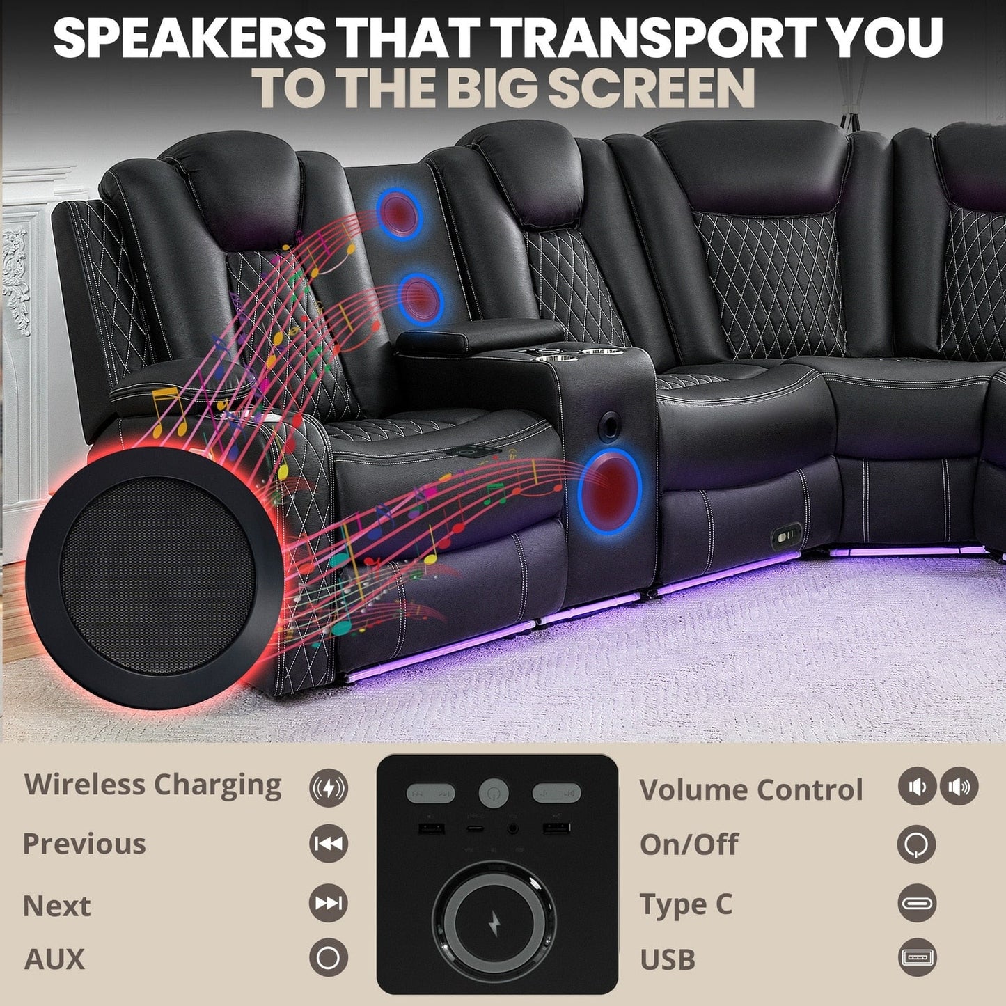 Canapé d'angle inclinable de luxe 5 et 6 places avec LED, USB, chargement sans fil, Bluetooth et rangement