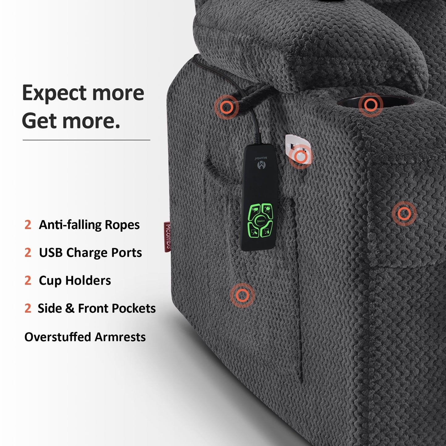 Fauteuil inclinable électrique à double moteur MCombo Medium, positions infinies, massage et chauffage, repose-pieds allongé, tissu 7890