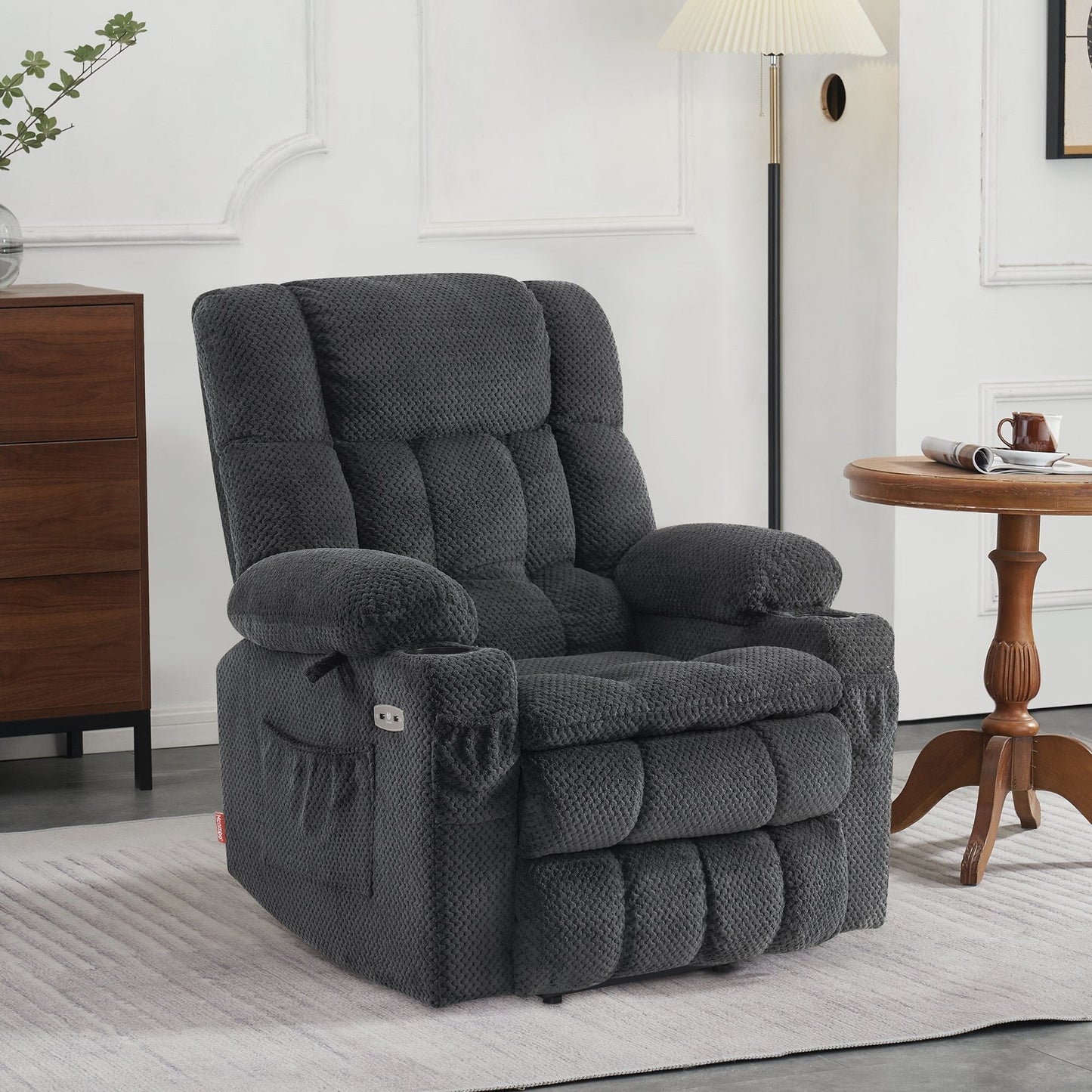 Fauteuil inclinable électrique à double moteur MCombo Medium, positions infinies, massage et chauffage, repose-pieds allongé, tissu 7890