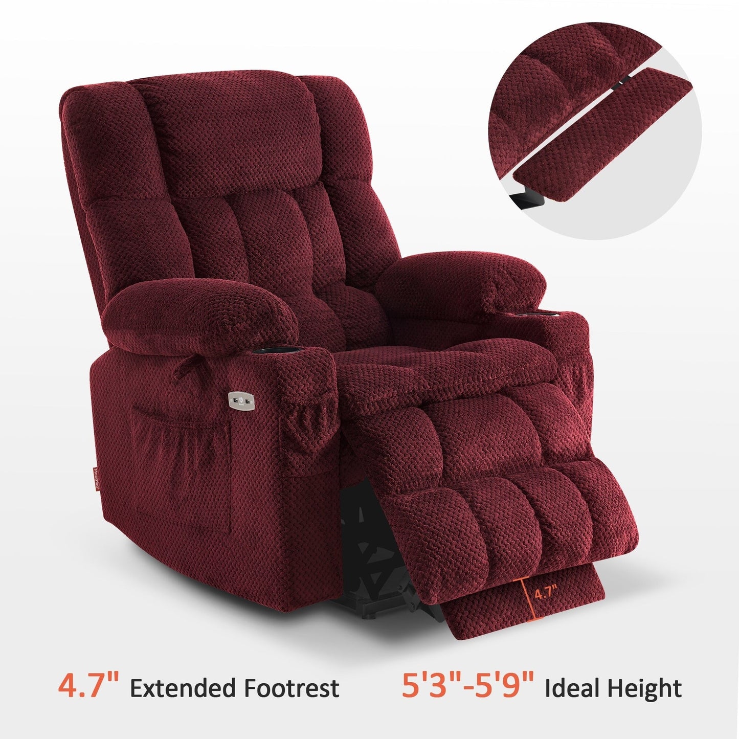 Fauteuil inclinable électrique à double moteur MCombo Medium, positions infinies, massage et chauffage, repose-pieds allongé, tissu 7890