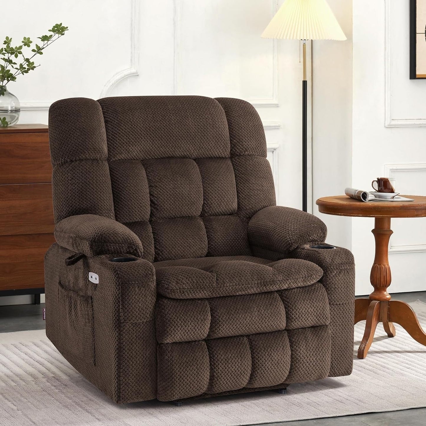 Fauteuil inclinable électrique à double moteur MCombo avec massage et chauffage, positions infinies, ports USB, tissu R7897