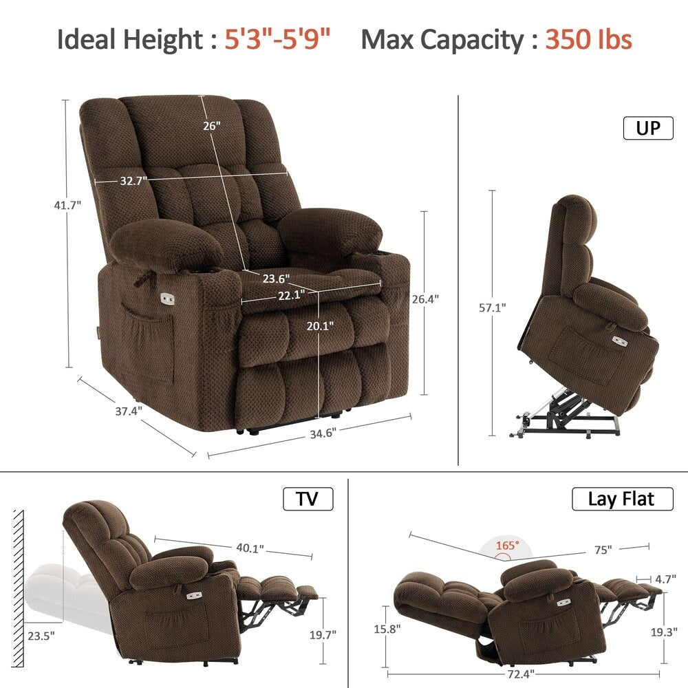 Fauteuil inclinable électrique à double moteur MCombo avec massage et chauffage, positions infinies, ports USB, tissu R7897
