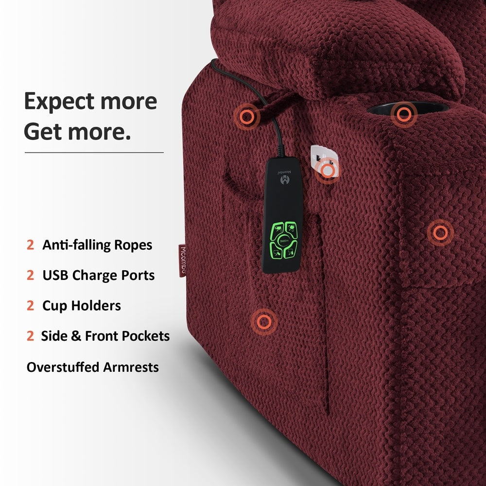 Fauteuil inclinable électrique à double moteur MCombo avec massage et chauffage, positions infinies, ports USB, tissu R7897