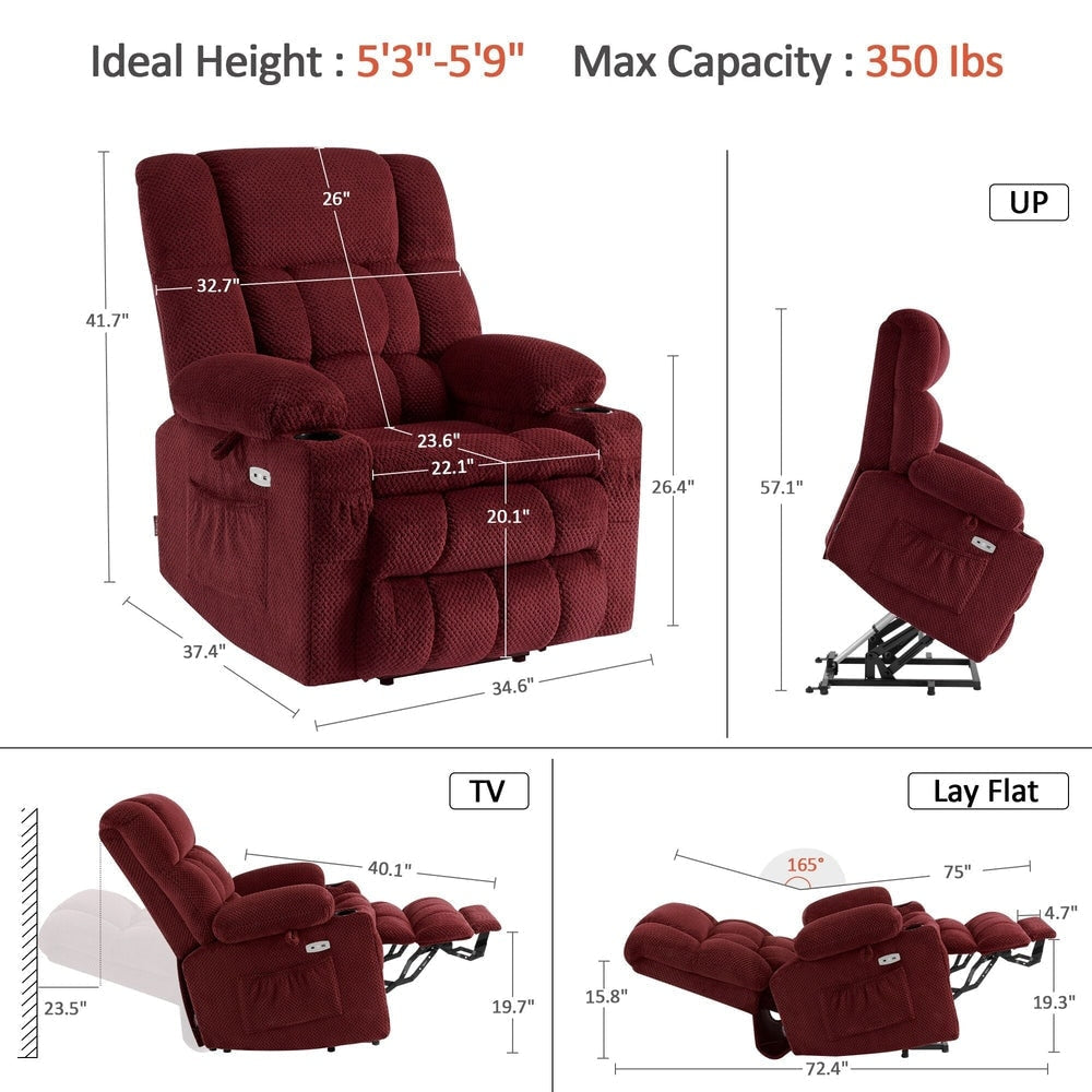 Fauteuil inclinable électrique à double moteur MCombo avec massage et chauffage, positions infinies, ports USB, tissu R7897