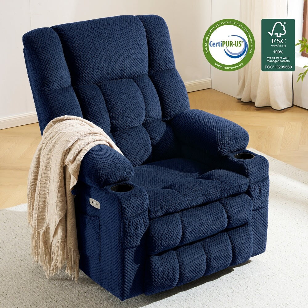 Fauteuil inclinable électrique à double moteur MCombo avec massage et chauffage, positions infinies, ports USB, tissu R7897