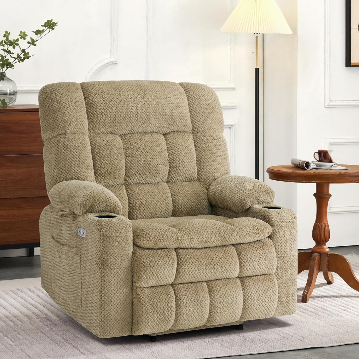 Fauteuil inclinable électrique à double moteur MCombo avec massage et chauffage, positions infinies, ports USB, tissu R7897