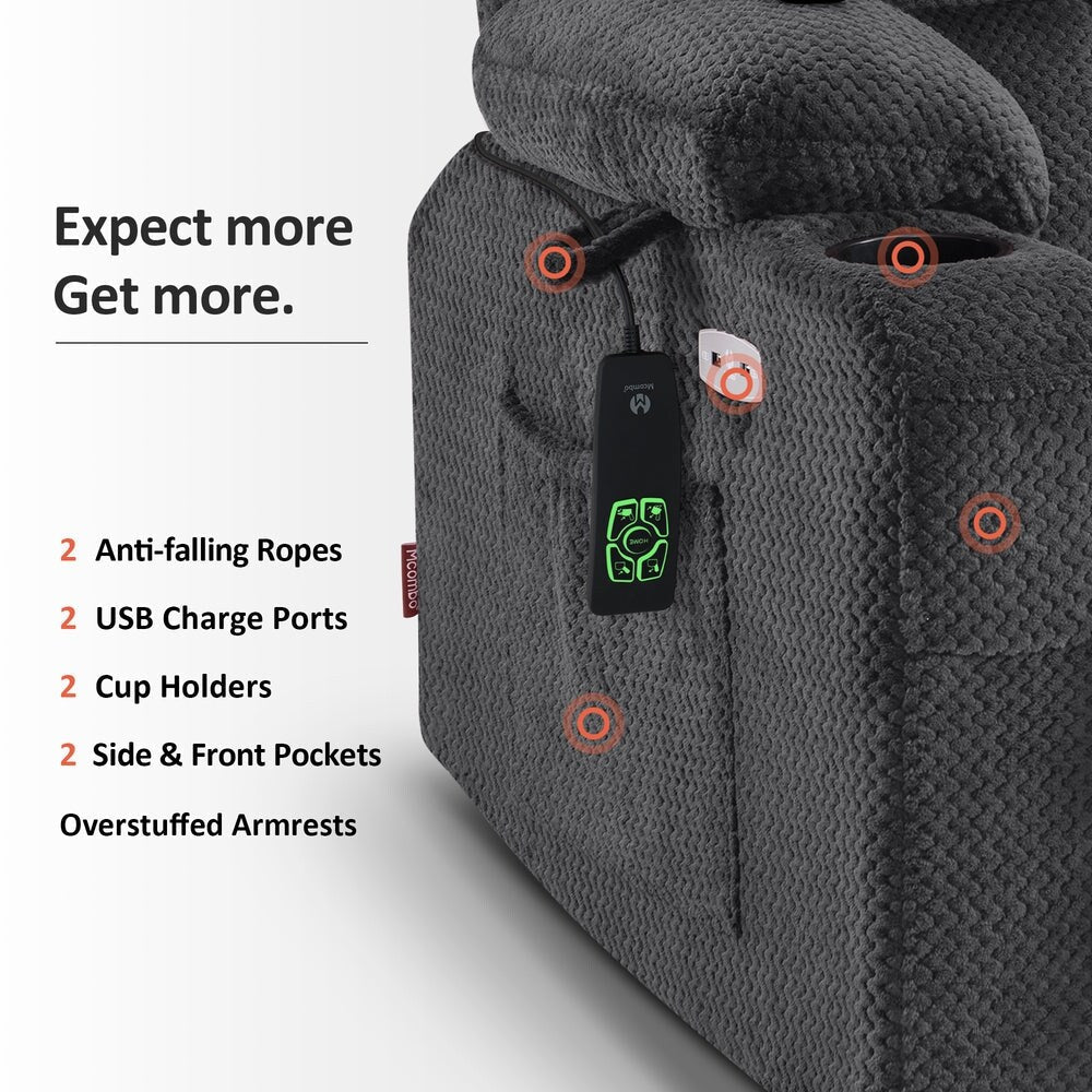 Fauteuil inclinable électrique à double moteur MCombo avec massage et chauffage, positions infinies, ports USB, tissu R7897