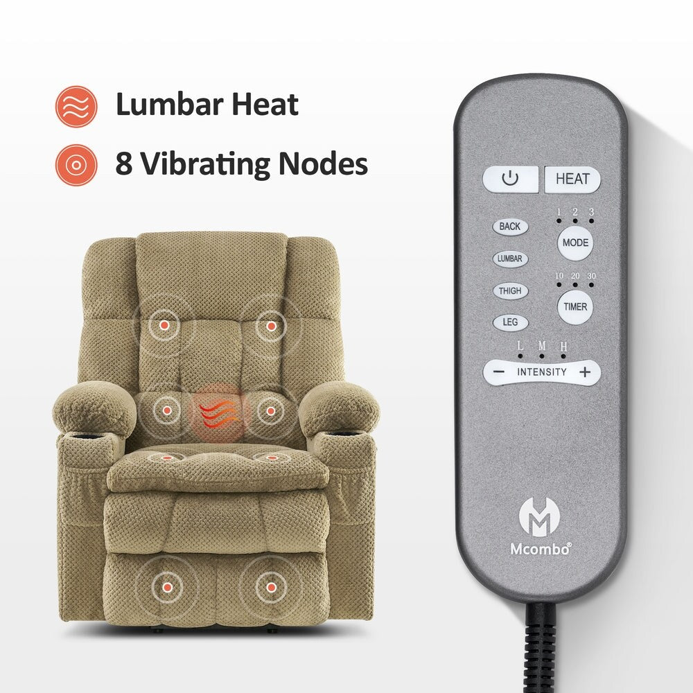 Fauteuil inclinable électrique à double moteur MCombo avec massage et chauffage, positions infinies, ports USB, tissu R7897