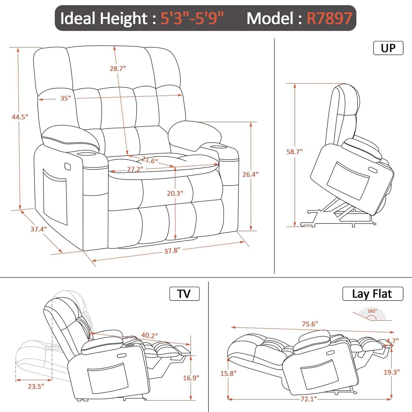 Fauteuil inclinable électrique à double moteur MCombo avec massage et chauffage, positions infinies, similicuir R7897 (moyen-large)